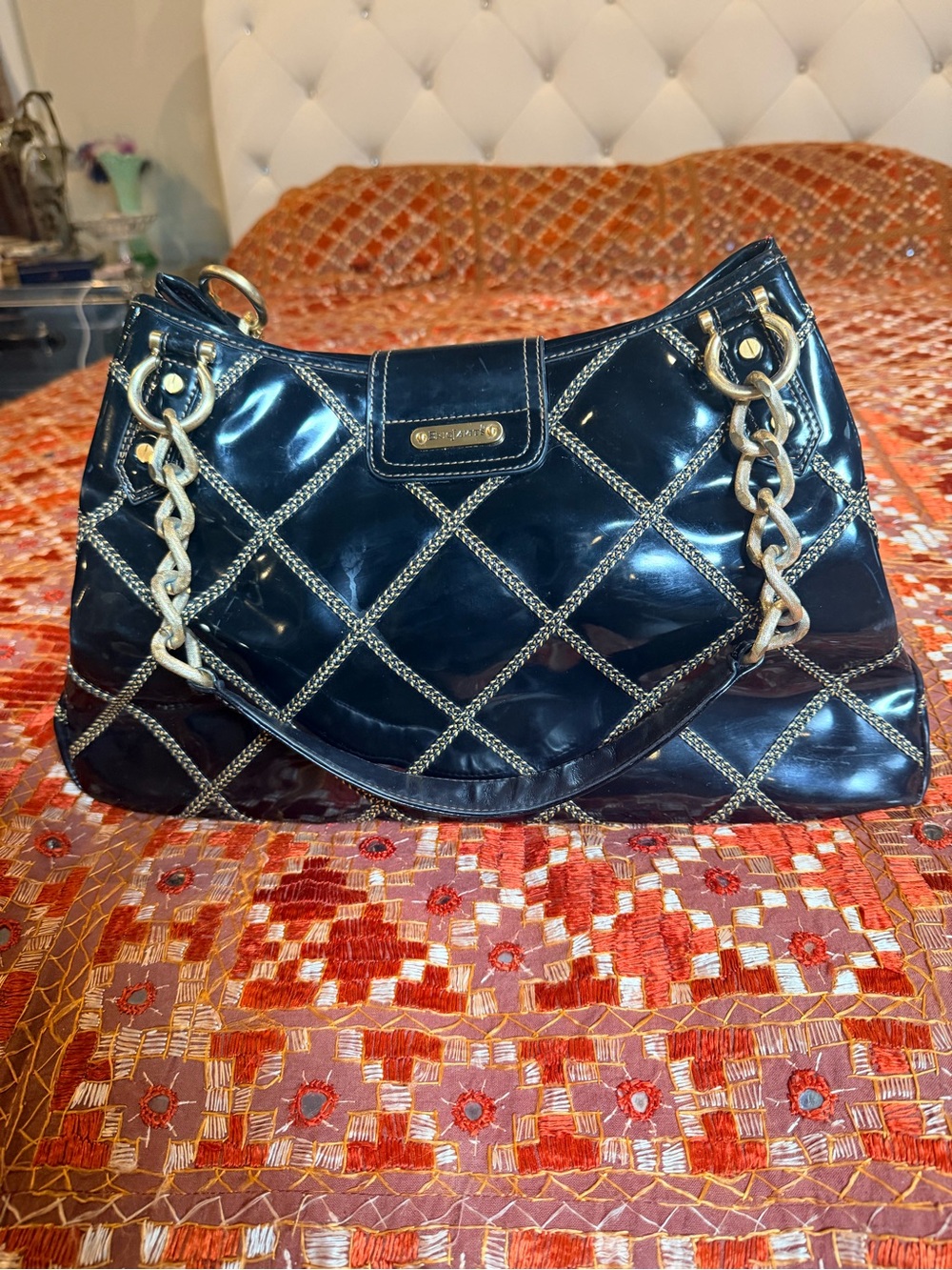 Eric Javits Black Quilted Patent Shoulder Bag with Gold Chain